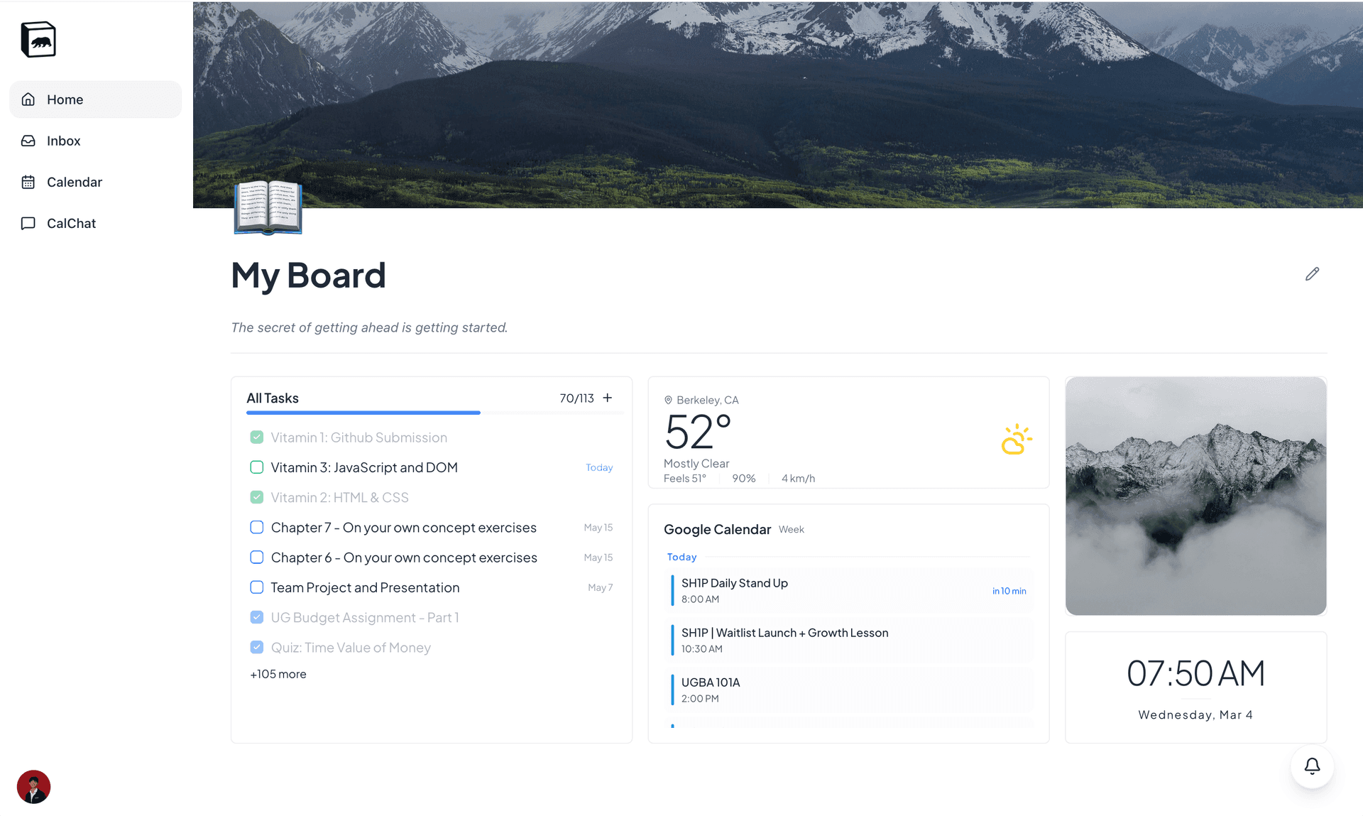 caltodo board view with widgets and calendar