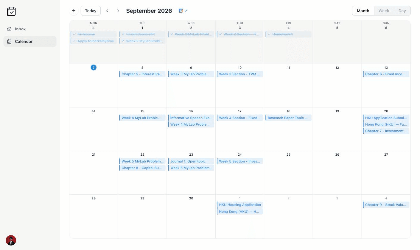 caltodo calendar with a month of assignments on their due dates