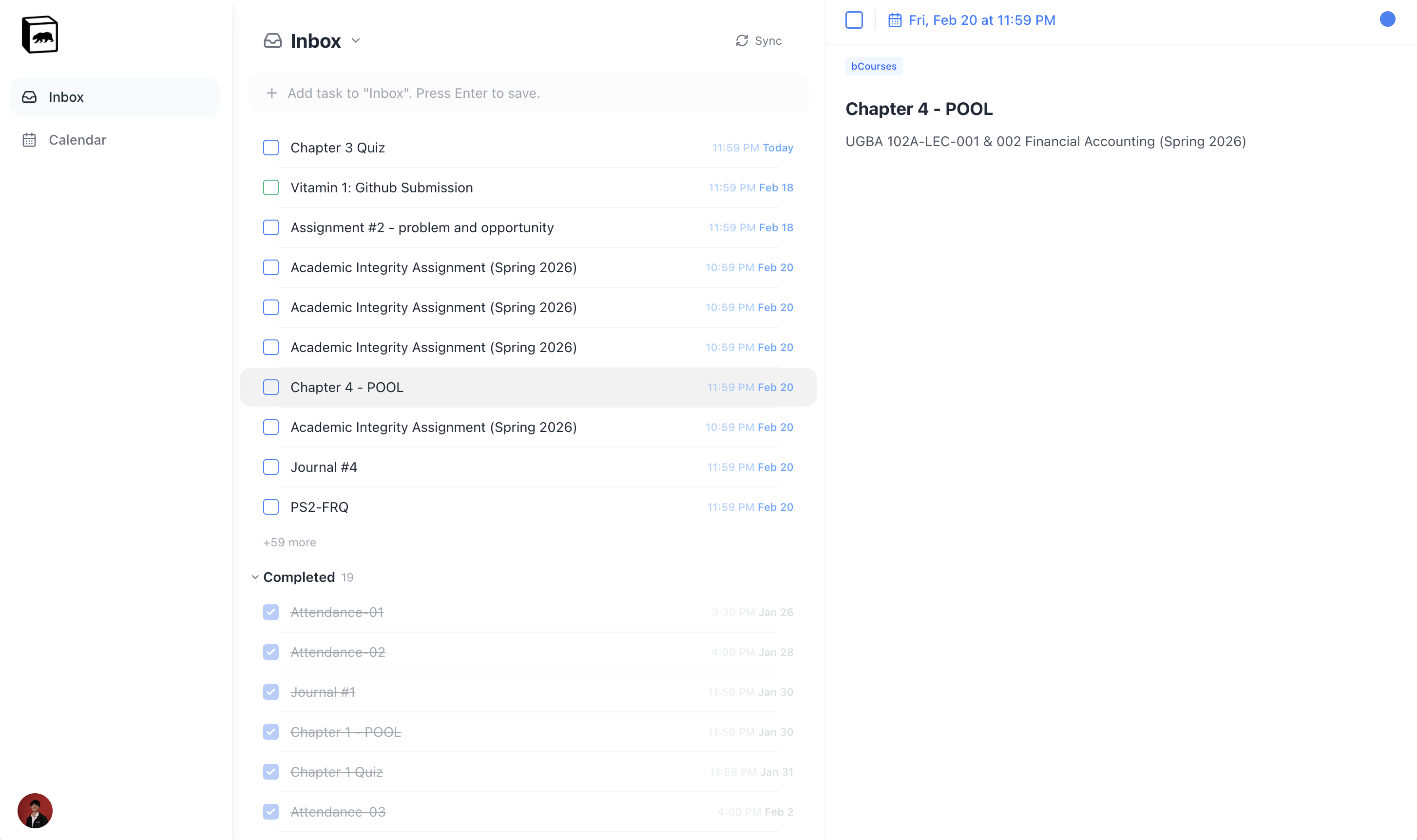 caltodo inbox view with task list and detail panel